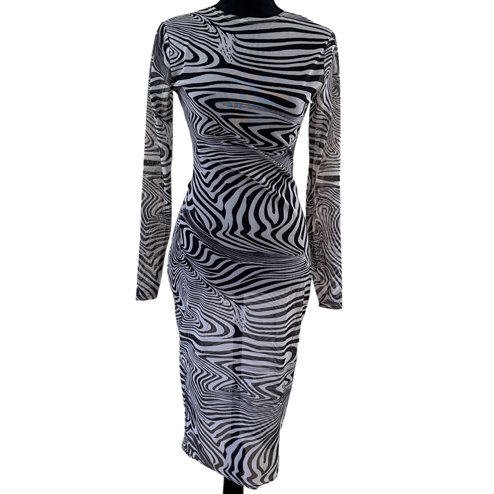 Women’s Sheer Long Sleeve Bodycon Zebra Print Dress Black & White Size S NWOT - Picture 6 of 11